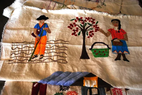 Coffee-growing life depicted in embroidery by Elvira Clemente Gomez in Hidalgo, Mexico